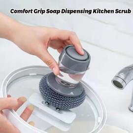 2026 Upgrade Comfort Grip Soap Dispensing Kitchen Scrub Brush, Non-Slip Handle Press-Type Built-in Soap Dispenser with Replaceable Nylon Brush Heads, Non-Scratch for Dishes Pots Pans Sinks (1PC)