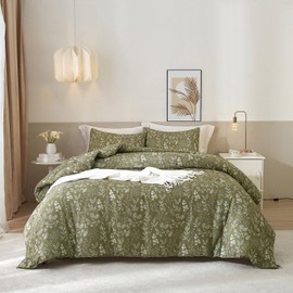 EAVD Fresh Botanical Floral Comforter Set Queen Dark Olive Green Soft Microfiber Chic Cute Garden Floral Bedding Comforter Set 1 Queen Comforter and 2 Pillowcases Botanical Comforter for All-Season