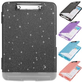 Glitter Clipboard with Storage,Storage Clipboard with Pen Holder,A4 Binder Clip Boards 8.5x11 with Low Profile Clip,Side Opening Sparkle Clipboards,Plastic Clipboard Folder for Office Supplies-Black