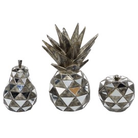 The Novogratz Polystone Fruit Decorative Sculpture Decorative Home Decor Statues with Mirror Accents, Set of 3 Accent Figurines 10", 6", 4"H, Silver