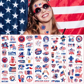 10 Sheets 4th Of July Temporary Tattoo 100＋ Unique Images Independence Day Tattoo Stickers, American Flag Eagles Hat Balloons Tattoos Body Face Art Sticker
