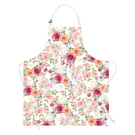 Claswcalor Pink Flowers Apron with Pockets, Floral Apron for Cooking, Watercolor Rose Kitchen Apron for Women, Adjustable Bib Apron, Waterproof