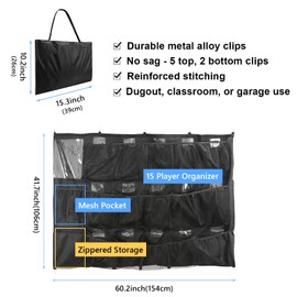 Hanging Helmet Bag for Baseball Softball Team,15 Player Dugout Organizer Storage,Hanging Baseball Helmet Bag to Organize Baseball Equipment Including Helmets,Gloves,Batting Gloves,Balls,Baseball Bat