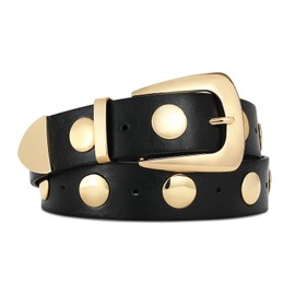 RISANTRY Women Black Belt with Gold Buckle Fashion Leather Belt Women Punk Waist Belt Studded Belt for Jeans Dress