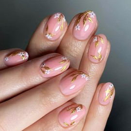 Summer Gold Leaf Press on Nails White Flower Fake Nails with Glue Full Cover Pink Glossy Acrylic False Nails for Women DIY Manicure Decoration 24PCS Reusable Artificial Nails