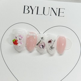 Dessert Strawberry Homemade Nail Tips Pink Kitty Nail Tips - Almond / 디저트딸기 수제네일팁 핑크 키티 네일팁 - 아몬드