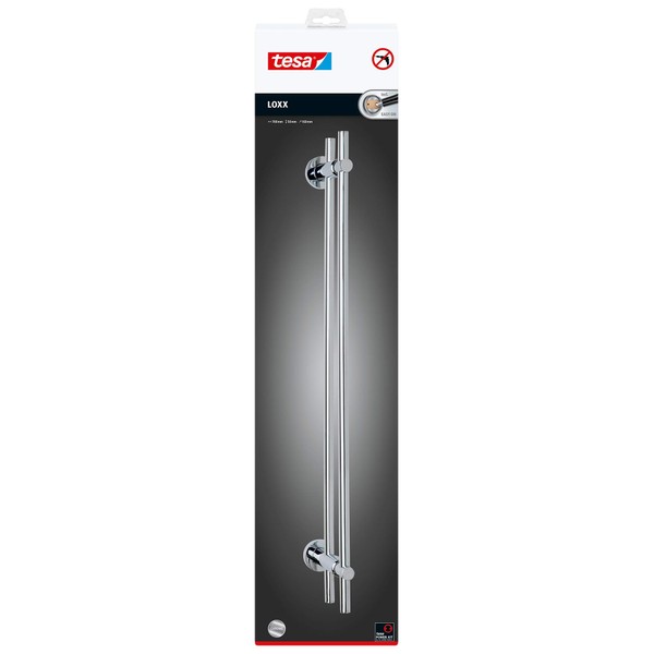 tesa LOXX Swing Arm Towel Bar - No Drill Two-Armed Towel Rail Chromed Metal and Stainless for The Bathroom with Swivelling Arms - Includes Removable Glue Solution