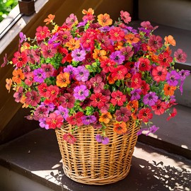 Artificial Fake Plants Flowers for Outdoor Spring Summer Decor,12 Bundles Faux Silk Daisy for Planter Pot Colorful UV Resistant Look Real for Front Door Porch Patio Outside Yard(RedPurple OrangeBrown)