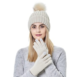 Muryobao 2 Pcs Womens Winter Knitted Beanie Hat Touch Screen Gloves Set Warm Knit Cuffed Skull Cap with Faux Fur Pom Beige