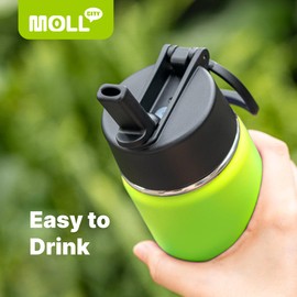 Mollcity Kids Insulated Water Bottle with Straw-16 oz Stainless Steel Double Wall Vacuum Wide Mouth Sports Water Bottles for School, Metal Water Flask for Girl (Apple Green)