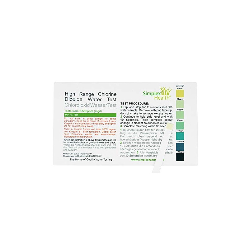 SimplexHealth Chlorine Dioxide 0-500ppm (50 Test Strips)