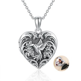 URONE Hummingbird Locket Chain 925 Silver Hummingbird Locket Heart Pendant Necklace Hummingbird Jewellery Gift for Women, No Gemstone