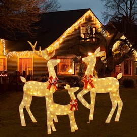 YULETIME 3-Piece Pre-lit 3D Christmas Reindeer Family, Lighted Glitter Christmas Deer Family Holiday Decoration with Warm White LED Lights (3D Family)