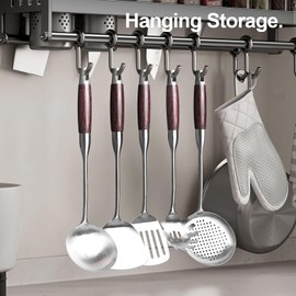 IQCWOOD Stainless Steel Cooking Utensils Set with Wooden Handle, 5 Pcs 15” Long Cooking Utensil Set & Kitchen Cookware Set -Spatula, Turner, Spaghetti Server, Skimmer Spoon, Soup Ladle