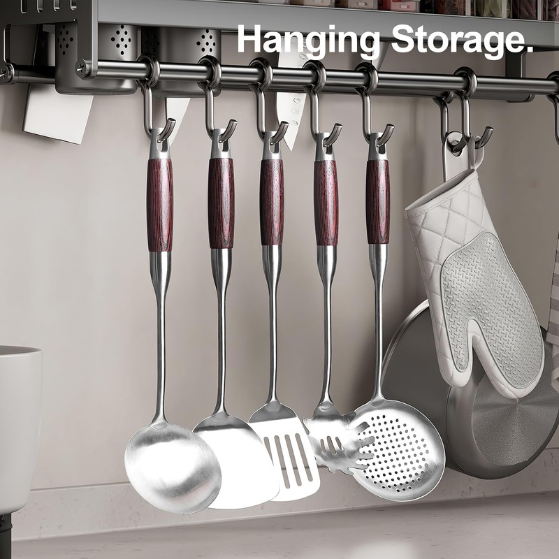 IQCWOOD Stainless Steel Cooking Utensils Set with Wooden Handle, 5