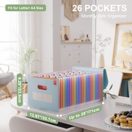 ThinkTex 26 Pockets File Organiser, A4 Expanding File Folders, Document Organiser, Accordion‌ File Organiser, Portable Monthly Bill Receipt Organiser, Colorful Tabs, Letter/A4 Size - Morandi Blue