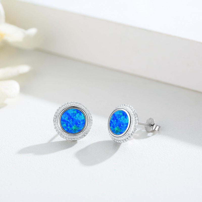 Twoowl Blue Opal Stud Earrings 925 Sterling Silver Blue Stone