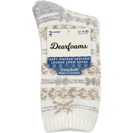 Dearfoams Ladies 2 Pair Pack Comfort Full Cushion Multicolor Fairisle Easy Care Crew with Grippers Lounge Slipper Socks, Matte Ivory
