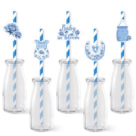 Serencatcher Baby in Bloom Baby Shower Decorations, 50Pcs Blue Floral Baby in Bloom Paper Straws Disposable Drinking Striped Decorative Paper Straws for Boy Flower Gender Reveal Party Supplies