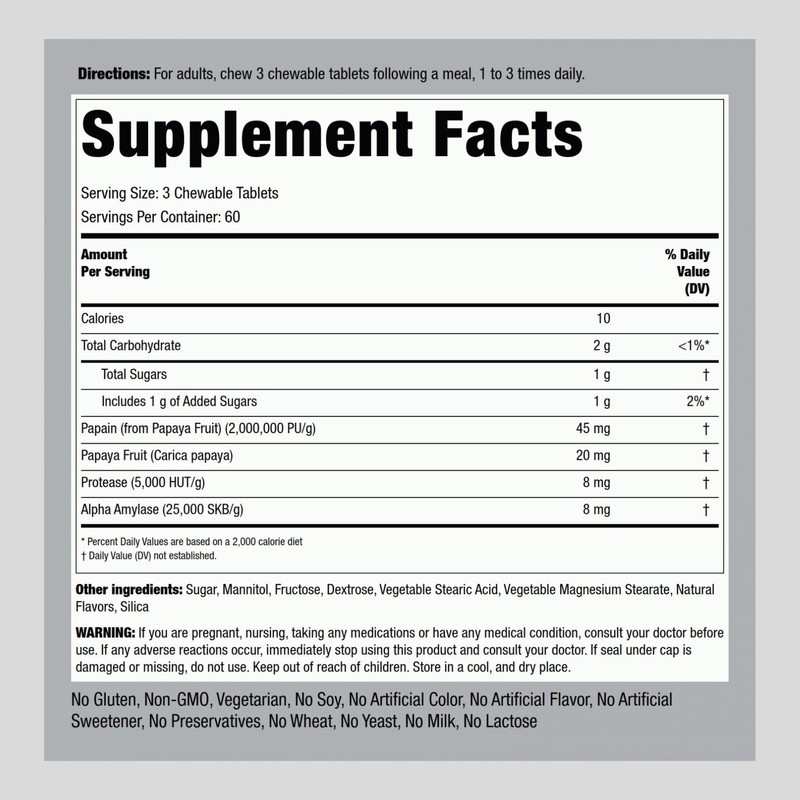 Piping Rock Papaya Digestive Enzymes Chewables | 180 Tablets |