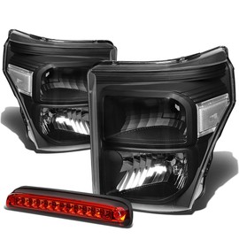 Compatible with Ford Super Duty 3rd Gen Pair of Black Clear Corner Headlight+Red LED 3rd Brake Light w/o Cargo Light