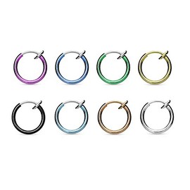 Set of 8 Titanium IP 316L Stainless Steel Spring Action Non Piercing Septum, Ear, or Nose Hoop Rings (Set of 8)