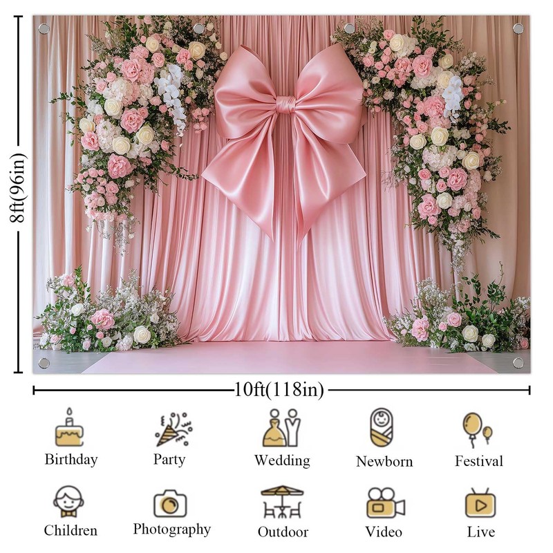 KUKUSOUL Pink Curtain Backdrop Giant Bowknot Floral Birthday Decoration