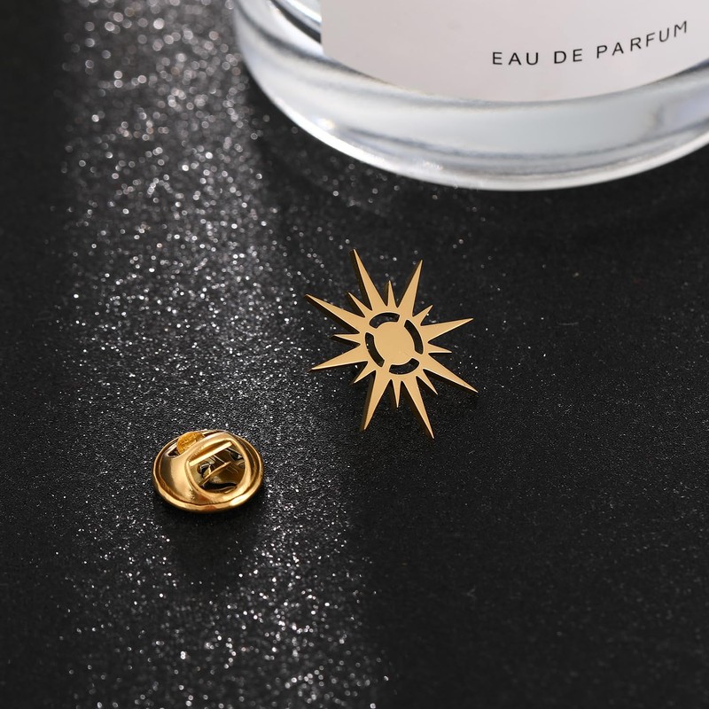 Gold Plating Sunshine Sun Stainless Steel Brooch for Men Shirt