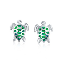 Nautical Tropical Beach Vacation Iridescent Green Created Opal Inlay Sea Tortoise Turtle Stud Earrings For Women Teen .925 Sterling Silver 13MM