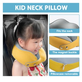 Gonggi Kids Travel Pillow, Kids Neck Pillows for Travel 360° Support, Travel Neck Pillow for Airplane With Masks, Earplugs, U-Shaped Pillow For Airplanes, Car, Office (Yellow)