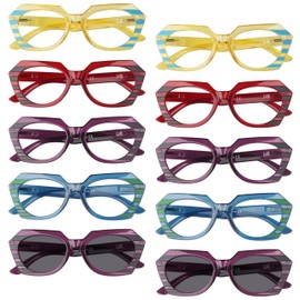 Reducblu 10 Pack Cat-Eye Reading Glasses for Women Stripe Pattern Design Cheaters Trendy Readers +3.00