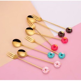 2PCS Stainless Steel Drink Spoon & ForK Set-Reusable Teaspoons for Cocktail, Coffee, Juice,Wine, Milk, Tea. Cartoon & Donut Shape Dessert Utensils (Pink Donut)