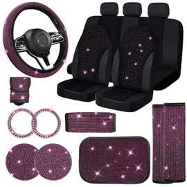 Jusen 17 Pack Bling Car Seat Covers Set Car Diamond Accessories Rhinestone Crystal Steering Wheel Cover, Bling Velvet Breathable Glitter Center Console Pad Universal Car Interio (Full Set/Pink)