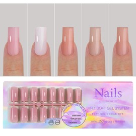 OFDNE Long Square Press on Nails 5 Colors Natural Color Soft Gel Nail Tips 150pcs Full Cover Natural Long Lasting Long Square False Nail Solid Color Fake Nails Extensions for Easy DIY Nail Art