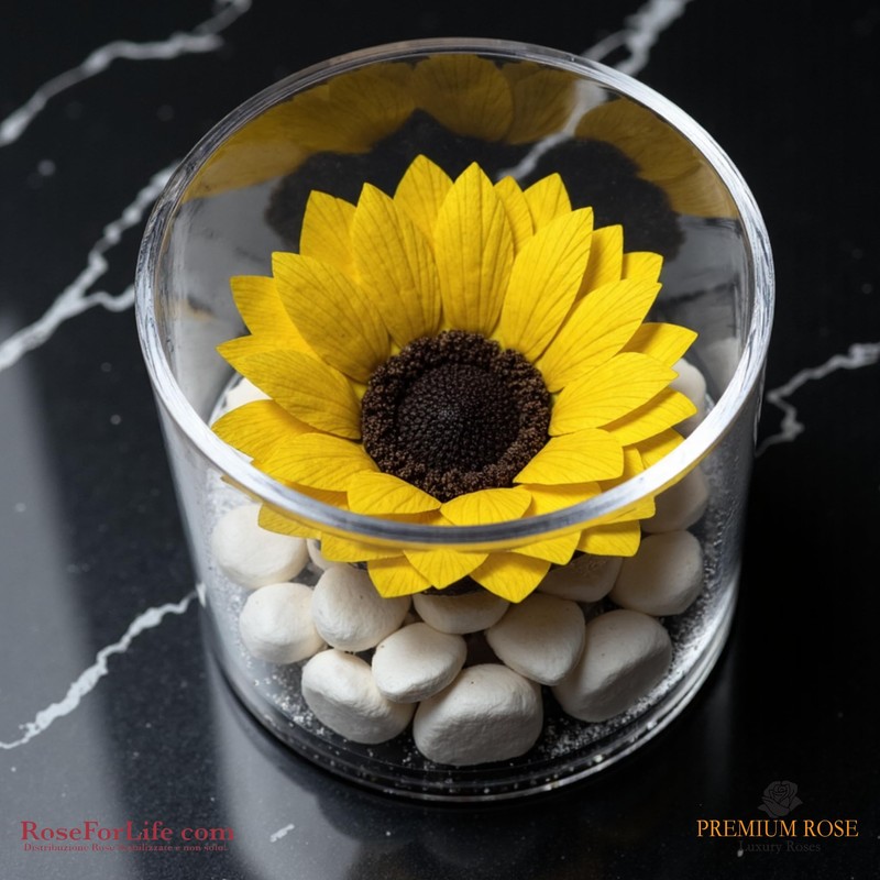Premium-rose.com Round Box with Stabilized Sunflower and Carrara Marble Unique