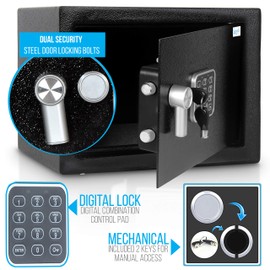 Home Security Electronic Lock Box - Safe with Mechanical Override, Digital Combination Lock Safe, LED Low Battery Indicator, Includes Mounting Bolts, Keys & (4) x ‘AA’ Batteries - SereneLife SLSFE15