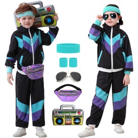 Ezuwail Kids 80s 90s Outfit for Boys Girls 6Pcs Unisex Retro Windbreaker for Toddler Workout Hip Hop Dance Tracksuit Costume Sets for Sportswear Streetwear