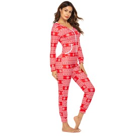 Ekouaer Jumpsuit for Women Onesie Pyjamas with Hood Long Sleeve with Zip Winter Women Onesie Pyjamas, Pat2 Red