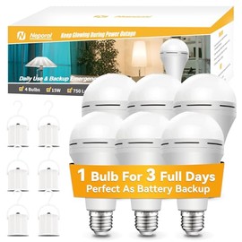 Neporal A19 Rechargeable Light Bulbs, Socket Rechargeable Emergency Light Bulb for Power Failure, Battery Backup Bulbs for Home, Hurricane, Led Bulb 60 Watt Equiv. (White, 6 Count (2600mAh))