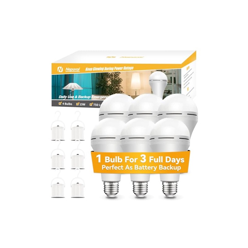 Neporal A19 Rechargeable Light Bulbs, Socket Rechargeable Emergency Light Bulb
