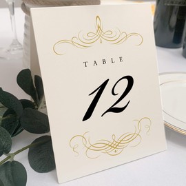 Decadent Flourish Wedding Table Numbers (Select Color/Quantity), Champagne, Gold, 1-150, Double Sided, Tent or Use in a Stand, Great for Parties & Restaurants - Made in the USA
