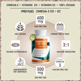 Omega-3 Vegan + D3 & K2 (120x), 1100mg Algae Oil with 600mg DHA & 300mg EPA + 1000 IU Vitamin D3 + 40 µg Vitamin K2 - O3 D3 K2 Vegan Essentials - Omega-3 Capsules Laboratory Tested with Certificate