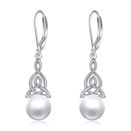 Pearl Earrings for Women 925 Sterling Silver Irish Celtic Knot Hoop Earrings Leverback Jewellery Gifts for Mum Mother Girls Friends, Sterling Silver