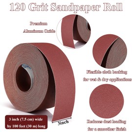 120 Grit Sandpaper Roll 3'' x 100 ft Emery Cloth, Aluminum Oxide Sanding Paper for Drum Sander, Wet Dry Adhesive Sandpaper for Wood, Metal, Furniture, Automotive, Copper Pipe