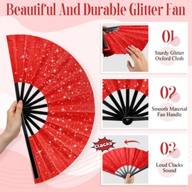 Vercraft 24 Pcs Glitter Large Rave Fans Bulk, Folding Handheld Organza Bag, Chinese Tai Chi Kung Fu Fan Gifts for Outfits Edm Wedding Performance Dancing Party(Red)