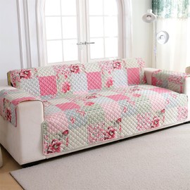 Cmfshape Skidproof Sofa Cover-Patchwork Sofa Slipcover with Elastic Straps-Easy Fit Slip Cover-Rose Washable Furniture Protector for Pets and Kids(Sofa,Pink&Grey)