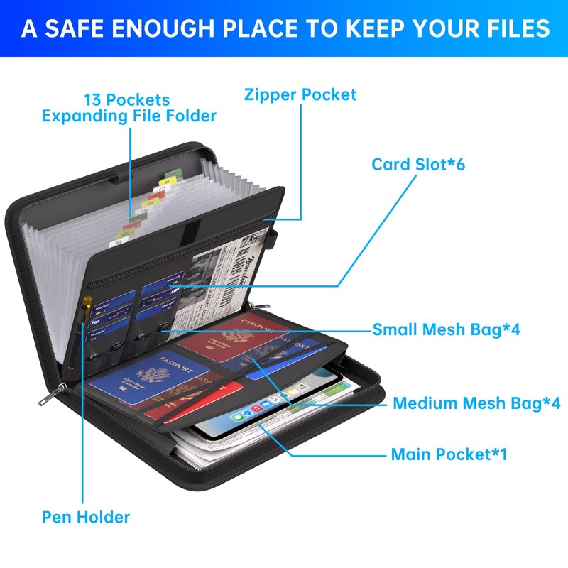 Fireproof Document Organizer,A4 Folder,Portable Expanding File Folder with Multi-Pockets,13 Pocket