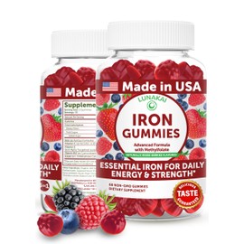 Lunakai USA Made Vegan Iron Gummies with Vitamin C, E, B12 & Folate – Daily Chewable Iron Supplement for Women, Men, Kids & Pregnancy, 60ct