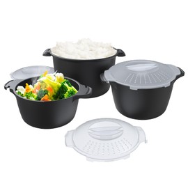 Professional 3 Piece Set Micro Cookware, Microwave Veggie Steamer, Microwave Rice Cooker as Steamer, Mix, Server and Storage Food Bowl BPA Free, Dishwasher Safe, Nestable Storage, Size-1QT, 2QT, 3QT