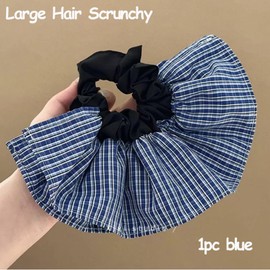 iRIIRIO 1pc Large Hair Scrunchy with Unique Plaid Hem Hair Ties with Bows Ponytail Holder Hair Accessories for Ladies Girls (Blue)